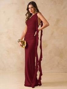 SHEIN BAE 优雅不对称褶皱露背连衣裙，网眼荷叶边下摆，女士度假沙滩裙，春夏 - 酒紅色 - 查看 4