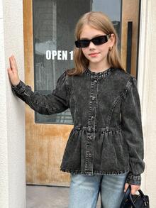 SHEIN Tween Mädchen Mode Lässig Y2k Vintage Cool Rückkehr zur Schule College Einfach Grundlegend Komfortabel Graue Elegante Rüschen Puffärmel Denim Kleiner Stehkragen Langarm Jacke für Kinderbekleidung, Tween Mädchen Weiche Alltagskleidung und Kinder Winter und Herbst Rave Outfits Festival und Zuhause Outfits Streetwear Schulkleidung Tween Mädchen Schwarze Denim Jacke Schwarzes Shirt für Tween Mädchen - Schwarz - Übersicht 5