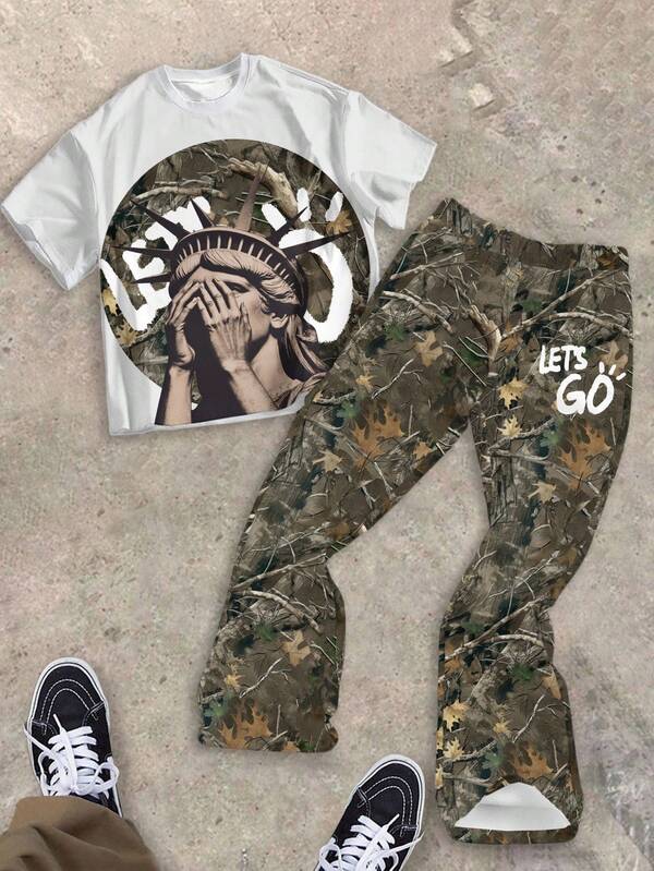 SHEIN Bolty 2pcs Tween Boy Casual Chic Classic Cool Statue Of Liberty Face Palm, Military Camo, Nature Dry Branches Print Short Sleeve Crew Neck T-Shirt And Bell-Bottom Pants Set, Suitable For Summer