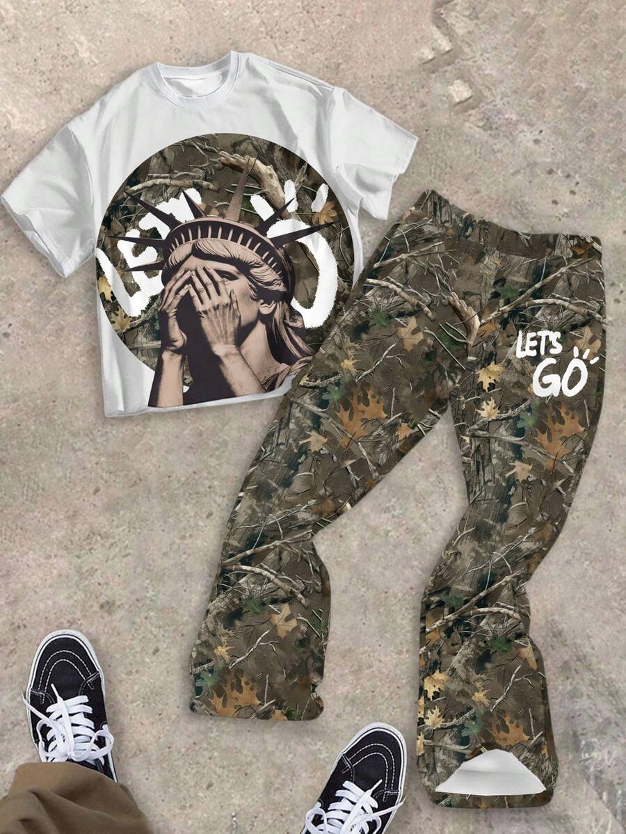 SHEIN 2 件套青少年男孩休闲时尚经典酷炫自由女神像脸掌、军用迷彩、自然枯枝印花短袖圆领 T 恤和喇叭裤套装,适合夏季 - 彩色 - 查看 1