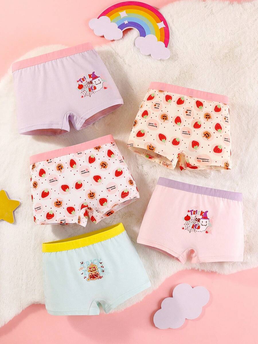 5件装 女童万圣节草莓印花可爱水果派对柔软棉质内裤 - 彩色 - 查看 1