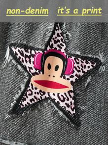 Paul Frank X SHEIN Conjunto de 2 piezas de sudadera con mangas raglán contrastadas con estampado de leopardo, estrella y mono de dibujos animados, forrada térmicamente, y falda de línea A con estampado de mezclilla para niña - Multicolor - Ver 3