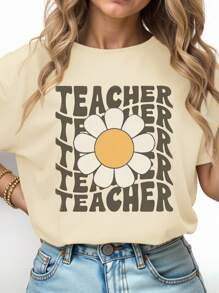 SHEIN LUNE 大码休闲花卉字母教师印花短袖T恤，夏季 - 杏色 - 查看 3