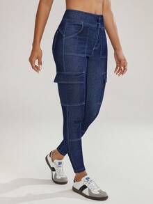 Flexra Blugi skinny casual versatili cu buzunar cargo pentru femei - Spălare întunecată - Vizualizare 5