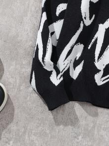 Coolqubz Tween Boy Fashion Pattern & Letter Intarsia Knit Sweater Long Sleeve Pullover, Autumn/Winter Boys Graphic Sweater Teen Boy Sweater Boys Knit Sweater Tween Boys Sweater Kids Graphic Sweater Teen Boys Sweater Boys Black And White Sweater Fall,Unisex - Black - View 5