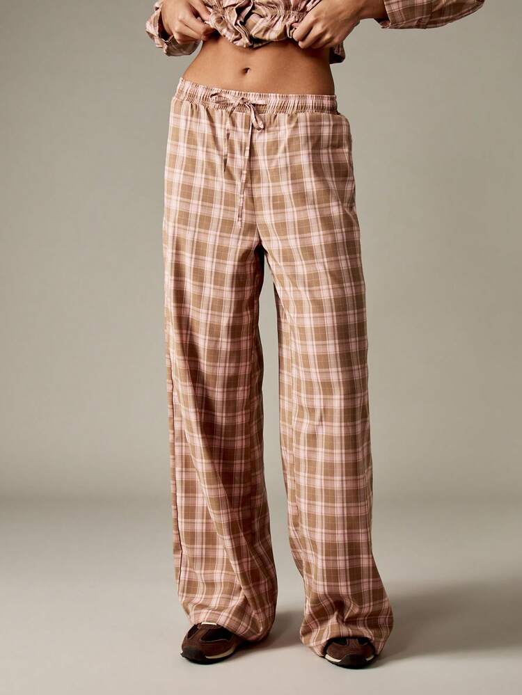 MISSGUIDED Drawstring Plaid Pants Wide Leg Lounge Bottoms Preppy Fall Winter Resort Wear Comfort Casual Pants Elastic Waist