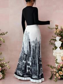 Rafferiza Women's Knitted 2 In 1 Long Sleeve Round Neck Patchwork Pleated Printed Maxi Dress,Black And White,Autumn,Elegant,Evening Wedding Guest Party Dress - Black - View 2