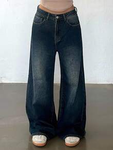 DAZY 女式宽松直筒休闲牛仔裤 - 中等水洗藍 - 查看 1