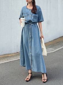 FRIFUL 女式深水洗蓝色短袖收腰口袋装饰缝线长裙，机场度假装 - 藍色 - 查看 3