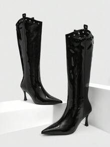 CUCCOO SZL Rivet Coated Leather Pointed Toe High Heel Women Knee-High Boots - Black - View 2