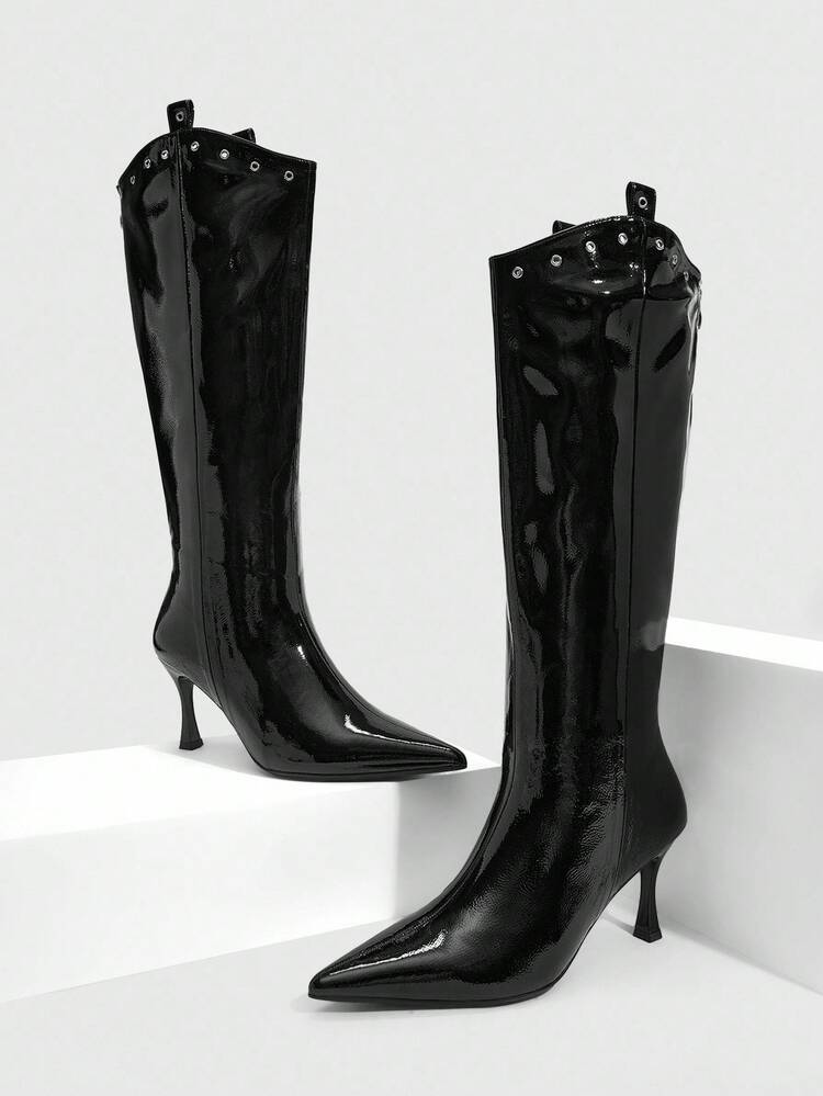 CUCCOO SZL Rivet Coated Leather Pointed Toe High Heel Women Knee-High Boots
