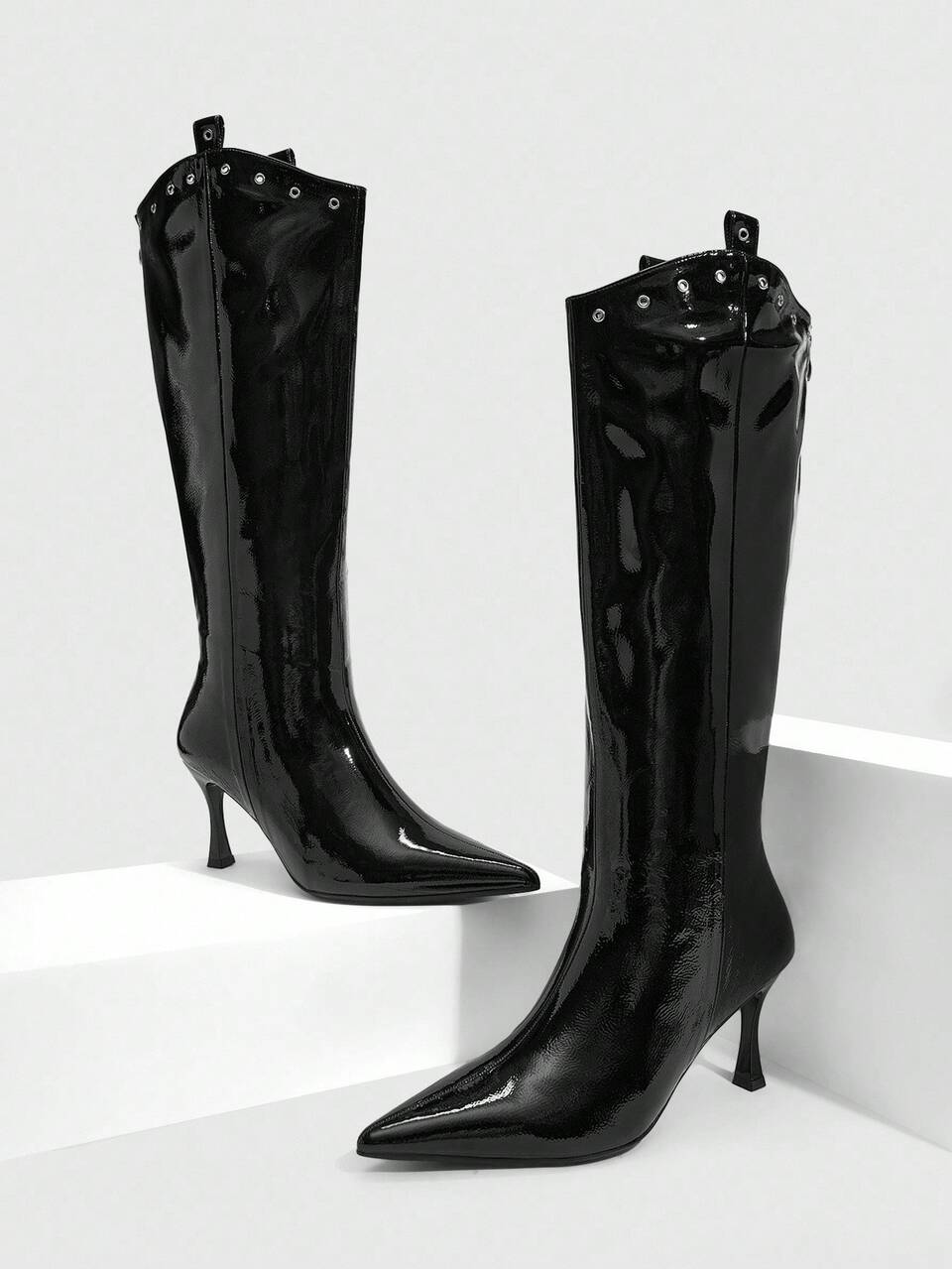 CUCCOO SZL Rivet Coated Leather Pointed Toe High Heel Women Knee-High Boots