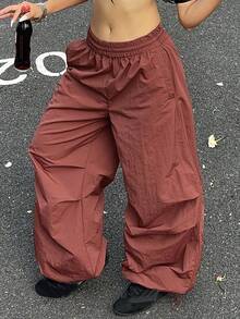 DAZY Celana Jogger Wanita Warna Polos, Model Lebar, Longgar, Panjang, dengan Tali Serut, Cocok untuk Sekolah. - Burgundy - View 6