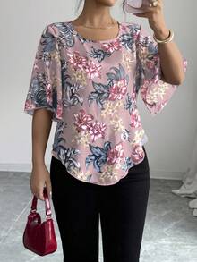 Elenzga Women's Elegant Floral Print Ruffle Sleeve Blouse, Summer - Multicolor - View 6