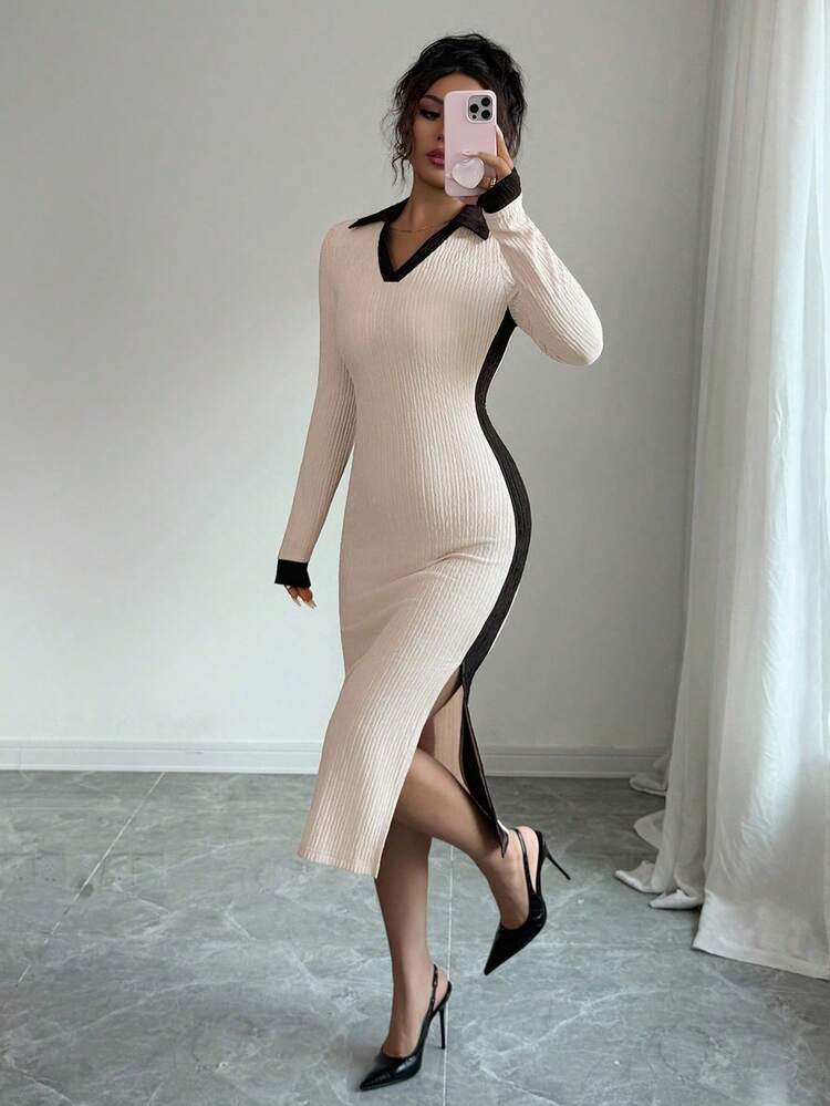 Rafferiza Color Block Polo Collar Fitted Striped Knit Dress Fall Cloth For Women - Apricot - View 5
