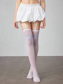 ROMWE Grunge Punk 1 Pair Gothic Style Dark Cross Pattern Thigh High Socks - White - View 4
