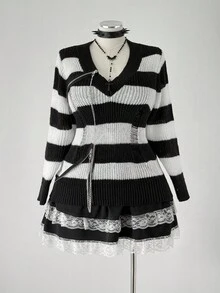 Sweetra Black & White Striped Pullover Sweater, Zipper Decor, Dark Style For Women Fall Winter Cloth For Women Autumn - Black and White - View 5