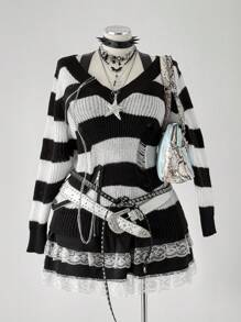 Sweetra Black & White Striped Pullover Sweater, Zipper Decor, Dark Style For Women Fall Winter Cloth For Women Autumn - Black and White - View 4