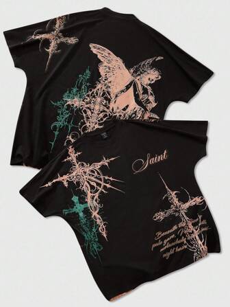 Goth Herren Fledermausärmel Kurzarm T-Shirt mit Muster, geeignet für den täglichen Gebrauch im Frühling/Sommer, Halloween, 2000er Jahre Stil