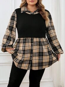 SHEIN CURVE+ 大码立领格子长灯笼袖针织撞色拼接休闲宽松衬衫，办公室装女士两件套纽扣装饰/秋冬 - 彩色 - 查看 3