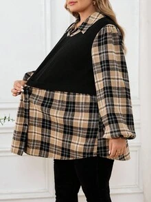 SHEIN CURVE+ 大码立领格子长灯笼袖针织撞色拼接休闲宽松衬衫，办公室装女士两件套纽扣装饰/秋冬 - 彩色 - 查看 5