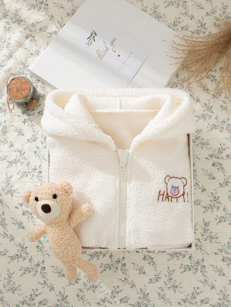 Souflis Souflis 1pc Toddler Boys' Winter New 2025 Sherpa Front Pocket Design Drop Shoulder Sleeve Front Cute Bear Embroidery Cardigan Hoodie Thick Warm Outerwear Baby Bear Jacket Baby Sherpa Jacket Fall - Beige - View 1
