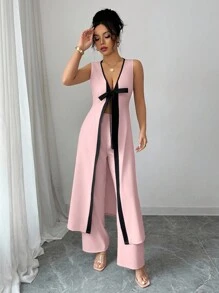 Selianne Bộ quần ống rộng không tay cổ chữ V hở phía trước thời trang & thanh lịch cho phái nữ trẻ, mùa xuân/hè - Hồng - Xem 5