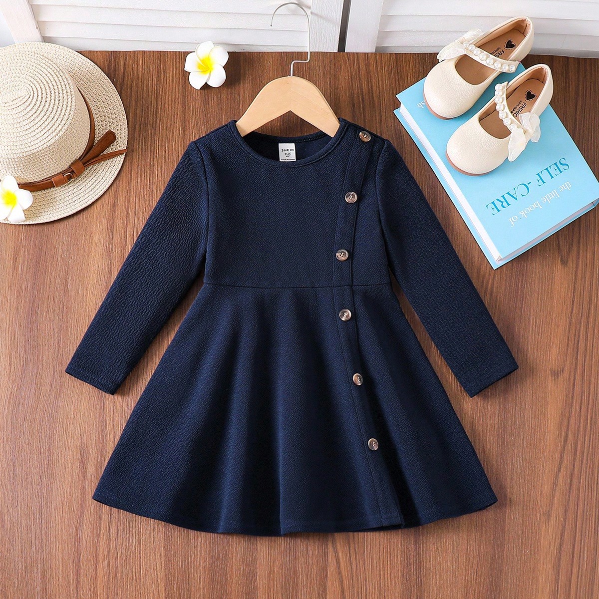Vestido de manga larga elegante y casual para niñas, con cuello redondo, diseño dividido y longitud media, adecuado para la escuela, uso diario casu