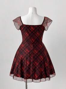 Sunspun Vestido de manga corta con cuello cuadrado y estampado de cuadros, talla grande, para verano