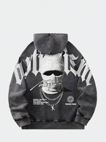 ROMWE MEN Street Life 青少年男童拉法帽印花水洗卫衣秋冬款 - 黑色 - 查看 1