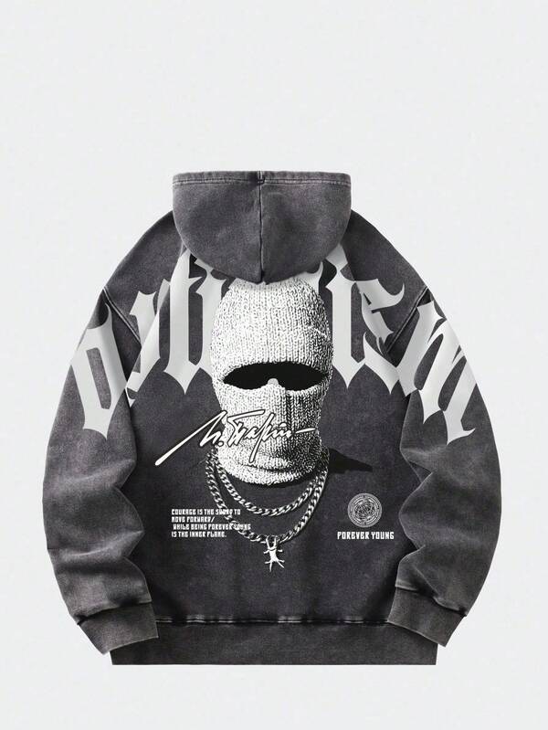 ROMWE MEN Street Life Boy's Balaclava Hat Graphic Print Washed Hoodie Fall Winter