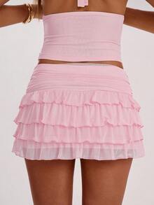 SHEIN BAE Women's Casual Fashion Multi-Layer Mesh Mini Skirt - Coral Pink - View 2