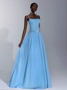 Elitara 优雅奢华浅蓝色缎面手工水钻肩带超大 A 字裙摆连衣裙，适合约会、单身派对、招待会、舞会、正式场合、庆典和宴会正式礼服 - 淺藍色 - 查看 8