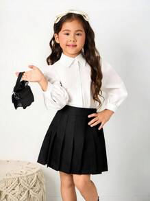 SHEIN 复古优雅少女灯笼袖衬衫，秋季白色纽扣衬衫，母女亲子装，适合秋冬季日常休闲穿着及上学穿着，返校季必备 - 白色 - 查看 10