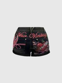 ROMWE Fairycore Quần short denim bó sát lưng thấp thêu hình bướm và đầu lâu cổ điển Y2K gợi cảm dành cho nữ, mùa hè - màu đen - Xem 1