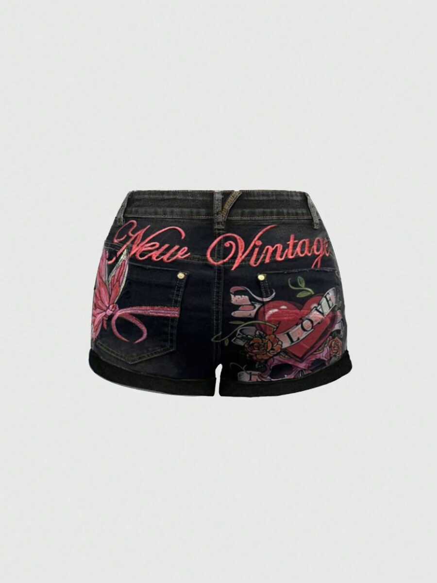 ROMWE Fairycore Quần short denim bó sát lưng thấp thêu hình bướm và đầu lâu cổ điển Y2K gợi cảm dành cho nữ, mùa hè - màu đen - Xem 1