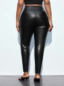 Maija Plus Size Black And Gold Women PU High Elastic Warm Sanded Pants,Winter Girlism Rave Black Leggings,Old Money Fashion Christmas Halloween - Black - View 2
