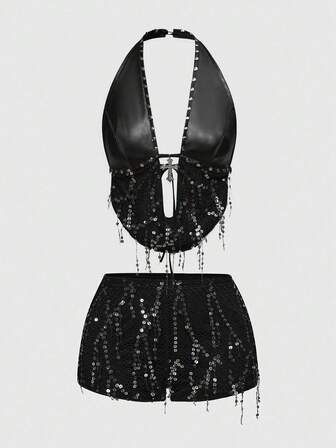 Grunge Punk Y2K Music Festival Outfit: Metallic Cross Pendant, PU Insert Fishnet Beaded Halter Backless Plus Size Women Set
