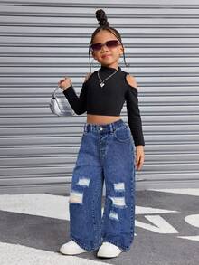 SHEIN 年轻女孩 Y2K 休闲蓝色破洞宽松牛仔裤，女童春夏休闲度假流浪汉牛仔裤 - 深色水洗藍 - 查看 4