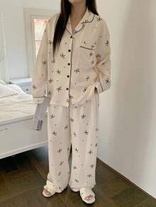 Dazy Plus 2pcs Floral Bow Print Loose Fit Pajama Set, Plus Size Women Autumn Sleepwear, Fall Winter Clothes, Cozy Outfits