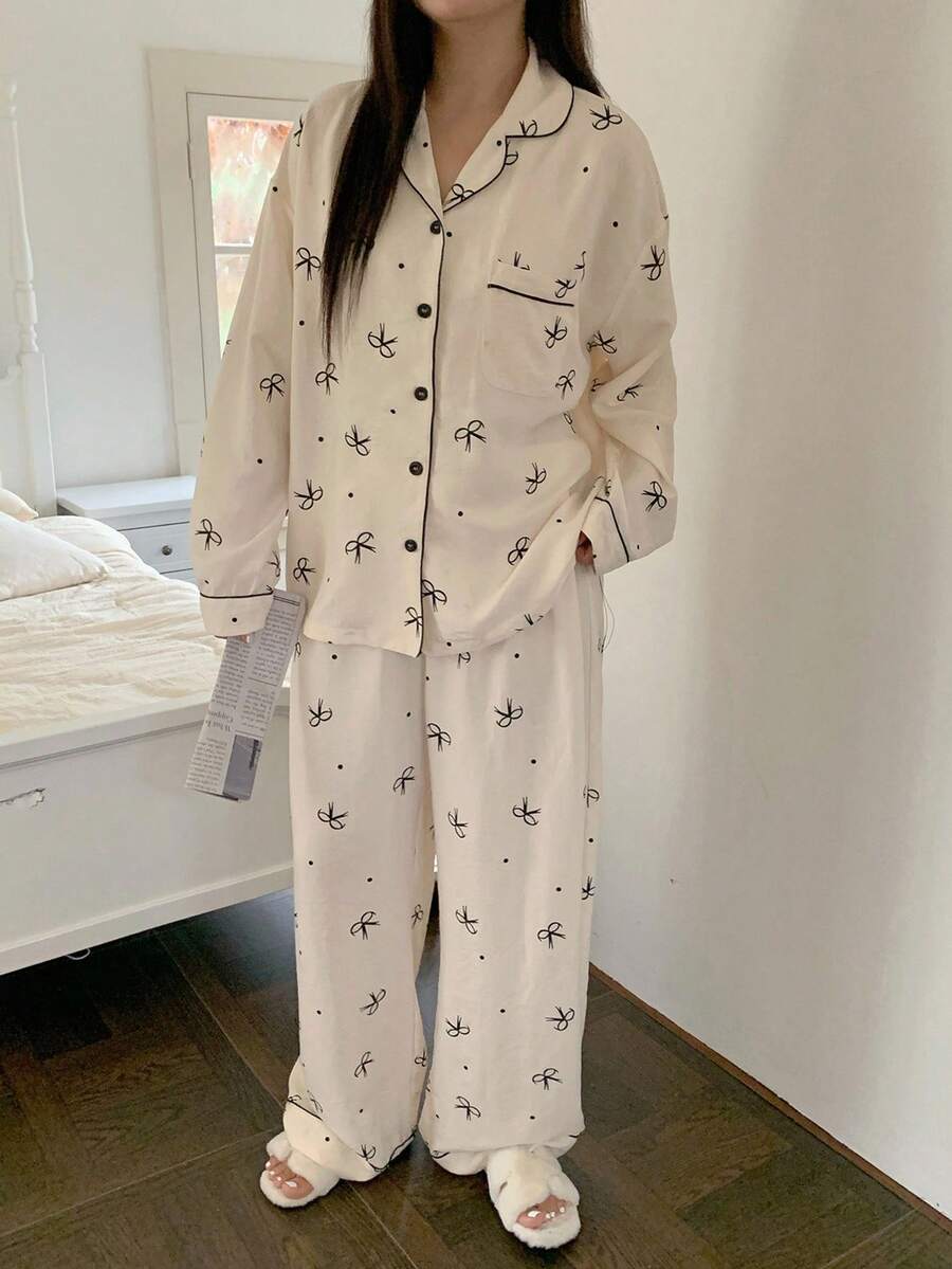Dazy Plus 2pcs Floral Bow Print Loose Fit Pajama Set, Plus Size Women Autumn Sleepwear, Fall Winter Clothes, Cozy Outfits