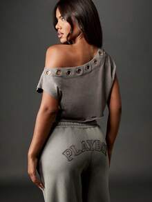 Missguided x Playboy Cotton Off Shoulder Eyelet Detail Crop Top Fall Winter Casual Streetwear