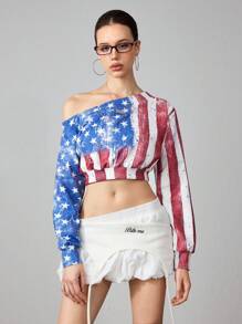 ROMWE Avant Women's Y2K Retro Sports Style Jersey Girl American Flag Print Cropped Oblique Shoulder Sweatshirt - Multicolor - View 1