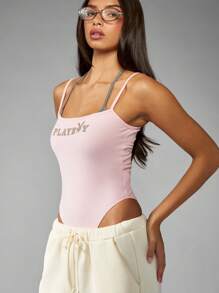 Missguided x Playboy 经典女式紧身衣，露背双肩带设计，正面印有标志，舒适棉混纺，修身优雅街头装，夏季派对夜生活 - 粉色 - 查看 5