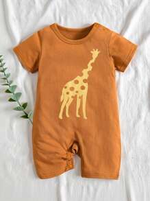 SHEIN Vintaside Kids Newborn/Infant Baby Boy Cartoon Giraffe Graphic Front Shoulder Button Short Sleeve Tee Romper, Baby Boy Rompers Baby Clothes Boy Giraffe Print Infant Boy Brown Baby 1M-18M - Brown - View 1