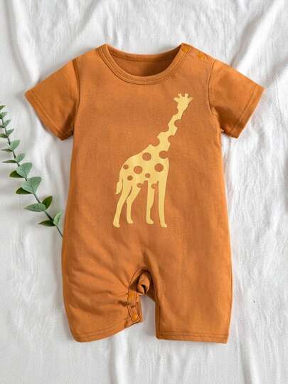 SHEIN Vintaside Kids Newborn/Infant Baby Boy Cartoon Giraffe Graphic Front Shoulder Button Short Sleeve Tee Romper, Baby Boy Rompers Baby Clothes Boy Giraffe Print Infant Boy Brown Baby 1M-18M