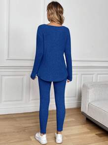 Easowa Bộ 2 áo thun dài tay và quần legging bó sát cho nữ, trang phục màu hồng có gân mờ, bộ đồ hai mảnh thu đông cho nữ, bộ đồ mặc nhà 2 mảnh thoải mái cho nữ, màu xanh lam, mùa thu - Xanh đậm - Xem 7