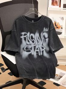 Attitoon 女式黑色针织斑点印花超大 T 恤，涂鸦字体标语，嘻哈风格，西海岸风格，街头服饰，Y2K，复古，垃圾摇滚，朋克，图案 T 恤，辣妹，返校节，返校，夜间外出/外出，秋季