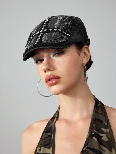 Grunge Punk 1pc Women's Distressed Star Beret Hat