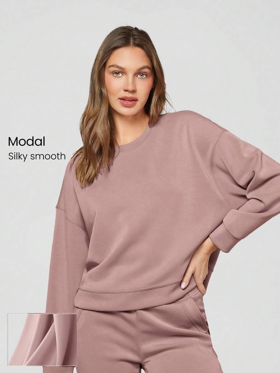 GLOWMODE Modal Silky Smooth Loose Drop Shoulder Crew Neck Side Slits Sweatshirt With Thumbholes Daily Casual  Spring Summer - Dusty Pink - View 1